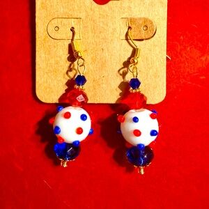 Artisan Lampwork Glass & Crystal Earrings in Red White & Blue